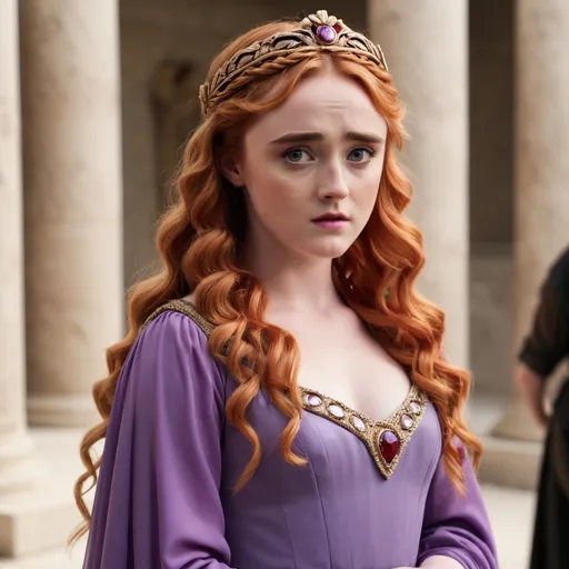 Prompt: Kathryn Newton playing a roman princess with red hair wearing a purple gown