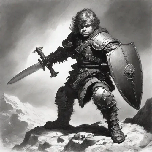 Prompt: B&W frazetta art, a halfling with a sword and shield, studded meather armour, witcher, detailed, high quality