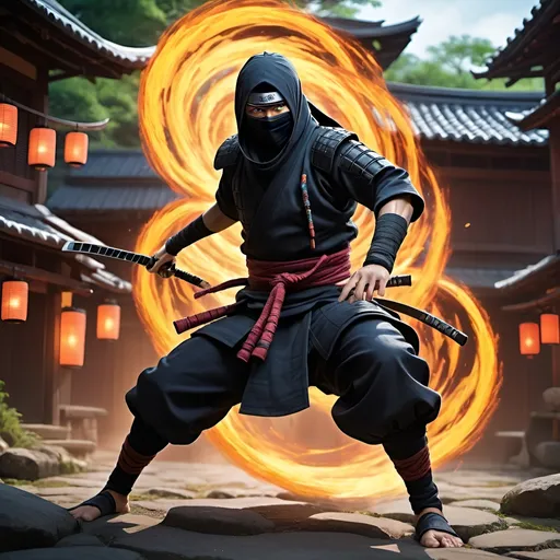 Prompt: (anime style) depiction of a shinobi ninja, vibrant colors, dynamic action pose, using elemental jutsu, intricate details in costume design, high-depth backgrounds of a hidden village, strong atmosphere of camaraderie and adventure, vivid special effects capturing energy, dramatic lighting, 4K ultra-detailed visual quality.