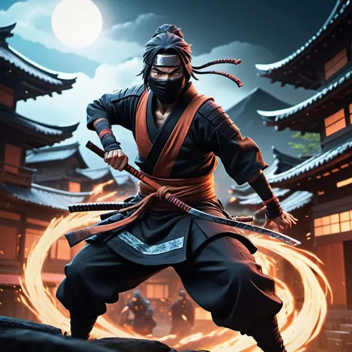 Prompt: (anime style) depiction of a shinobi ninja, vibrant colors, dynamic action pose, using elemental jutsu, intricate details in costume design, high-depth backgrounds of a hidden village, strong atmosphere of camaraderie and adventure, vivid special effects capturing energy, dramatic lighting, 4K ultra-detailed visual quality.