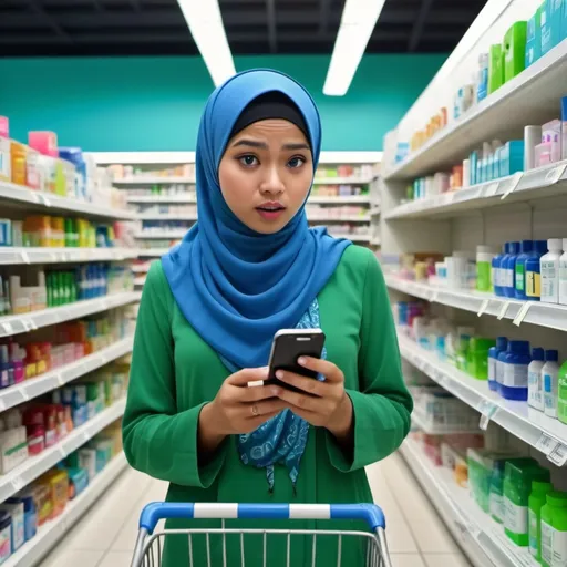 Prompt: malay girl customer wearing tudung theme green and blue color with trolly confuse to choose medicine while holding one of them and another hand hold handphone to scan the authenticity of the product by scanning the barcode
