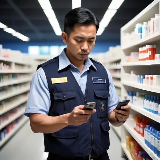 Prompt: a malaysian male as enforcement officer wearing navy blue vase standing and checking a bottle of medicine by scanning the code using his phone in other hand 