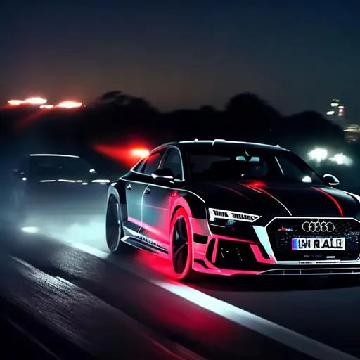 Prompt: Audi rs8 driving with someone masked driving the Audi night time