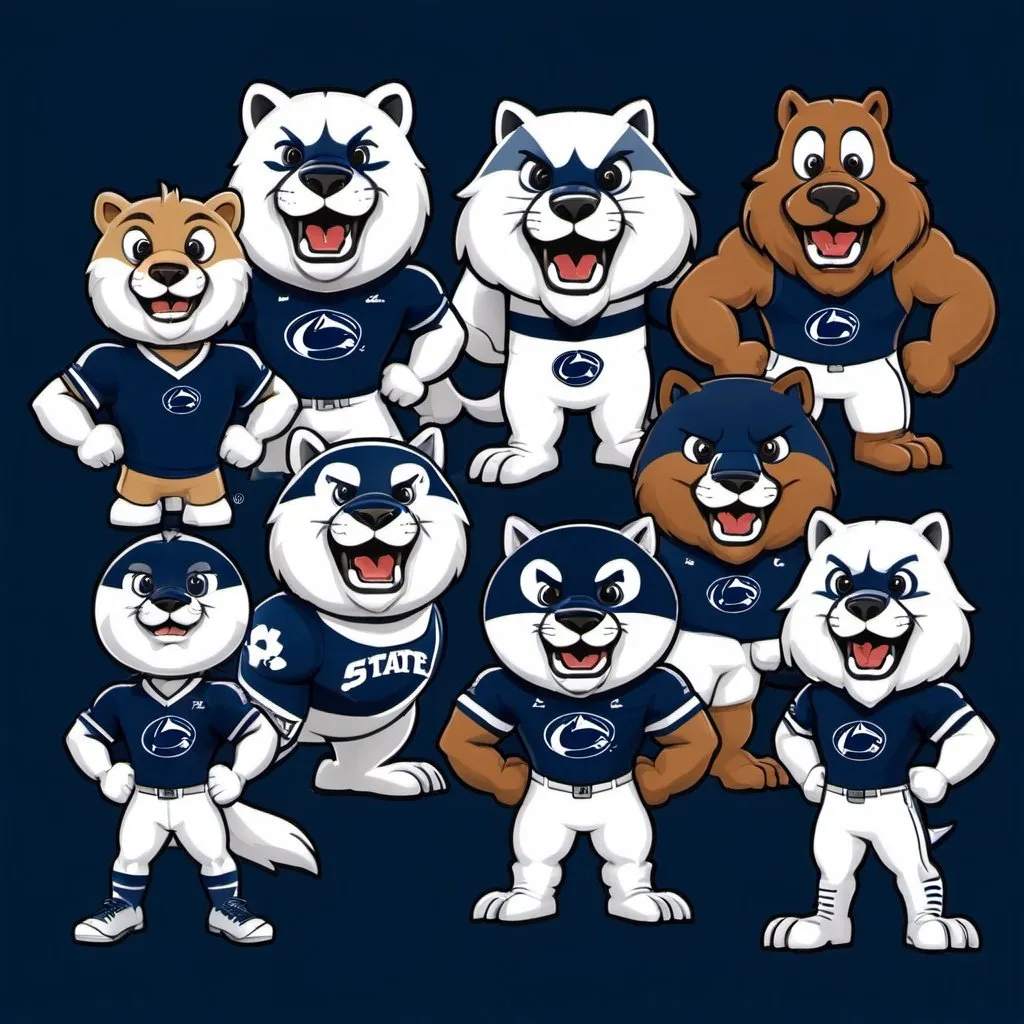 Prompt: images of pennsylvania state athletic conference mascots together in a group cartoon style