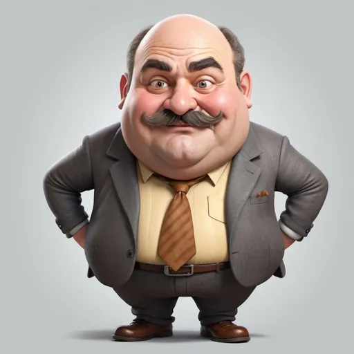 Prompt: A silly looking fat man who looks about 45 years old and is balding in cartoon style make him look kind give him mixed brown and grey hair with a moustache 