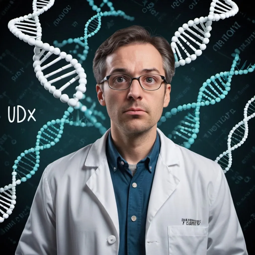 Prompt: Picture of a scientist wearing a lab coat with a puzzled expression, surrounded by floating DNA helixes and the caption: