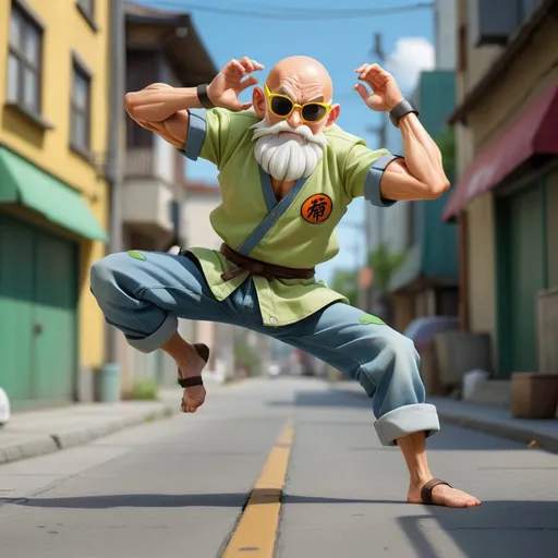Prompt: Master Roshi the Dragon Ball, handstand turn a somersault in the street, wearing a light green blouse, turtle shell. The denim pants in a light blue color can have unique details such as extra pockets or stitching that showcase vitality and enthusiasm. The modern and comfortable sports shoes may be white or black with yellow accents to complement the outfit. Adding a smartwatch or sports bracelet for a technological touch. Cyberpunk style, cinematic light