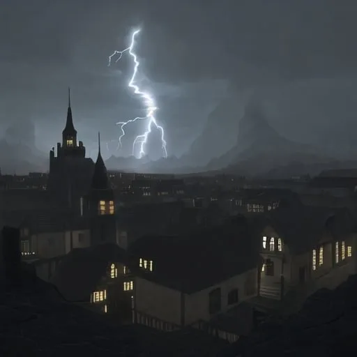 Prompt: lightning in an old town