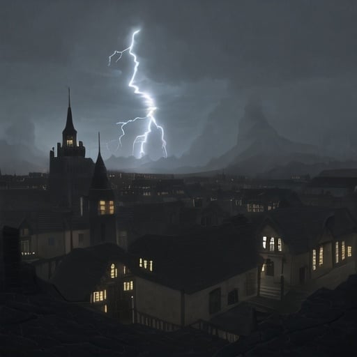 Prompt: lightning in an old town