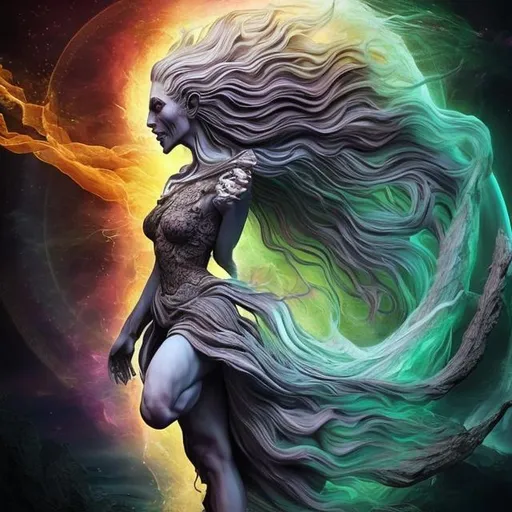 Prompt: spiritual intentions impeded by mental imperfections. flowing from smooth balance to chaotic upheaval. Duality is the key to balance. embracing our inner demons to become one with ourselves (stunning woman, realistic, symbol for change