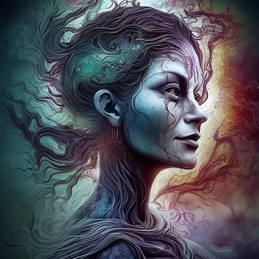 Prompt: spiritual intentions impeded by mental imperfections. flowing from smooth balance to chaotic upheaval. Duality is the key to balance. embracing our inner demons to become one with ourselves (stunning woman, realistic, symbol for change