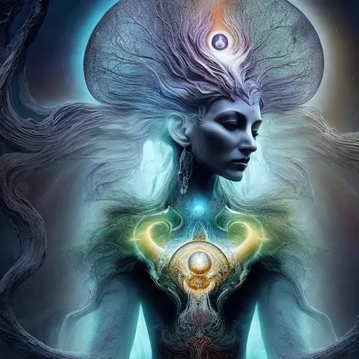 Prompt: spiritual intentions impeded by mental imperfections. flowing from smooth balance to chaotic upheaval. Duality is the key to balance. embracing our inner arkness to become one with ourselves (stunning woman, realistic, symbol for change