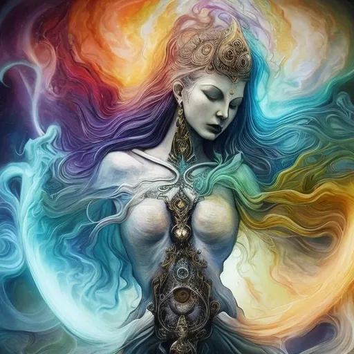 Prompt: spiritual intentions impeded by mental imperfections. flowing from smooth balance to chaotic upheaval. Duality is the key to balance. embracing our weaknesses to be one with ourselves (stunning woman, realistic, symbol for change