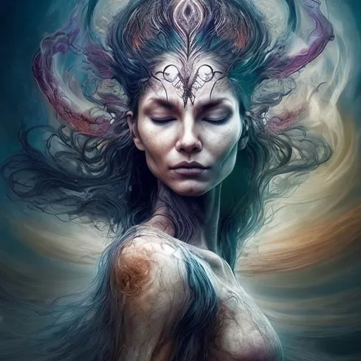 Prompt: spiritual intentions impeded by mental limitations. flowing from smooth balance to chaotic upheaval. Embracing existence for all of its nuances. (stunning woman, realistic, symbol for vitality)