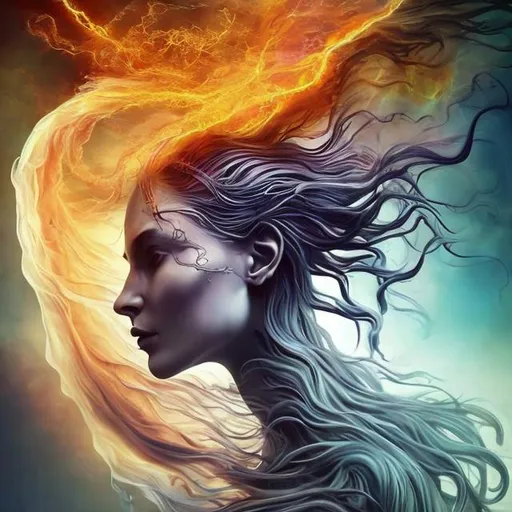 Prompt: spiritual intentions impeded by mental limitations. flowing from smooth balance to chaotic upheaval. Embracing existence for all of its nuances. (stunning woman, realistic, symbol for change