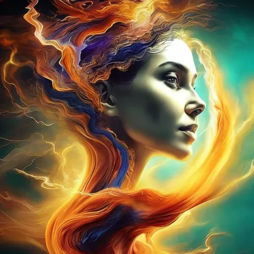 Prompt: spiritual experiences impeded by mental limitations. flowing from smooth balance to chaotic upheaval. Change is the only constant in life(stunning woman, realistic, symbol for change