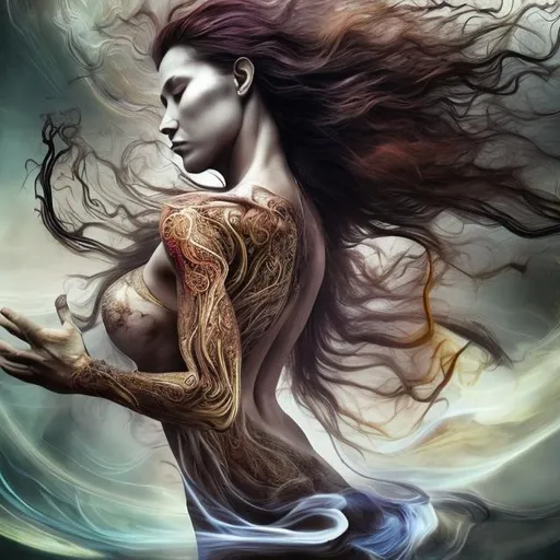 Prompt: spiritual intentions impeded by mental limitations. flowing from smooth balance to chaotic upheaval. Embracing existence for all of its nuances. (stunning woman, realistic, symbol for vitality)