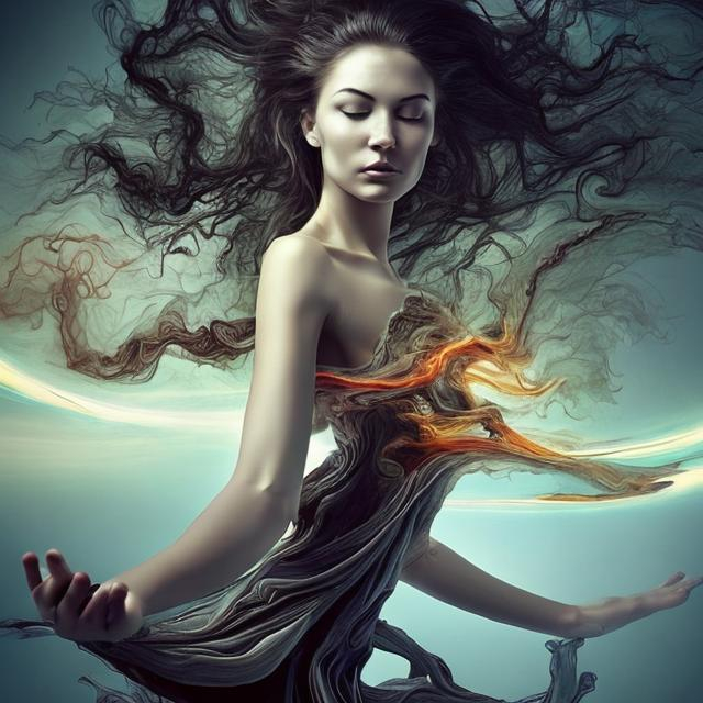 Prompt: spiritual experiences impeded by mental limitations. flowing from smooth balance to chaotic upheaval. Change is the only constant in life(stunning woman, realistic, symbol for change