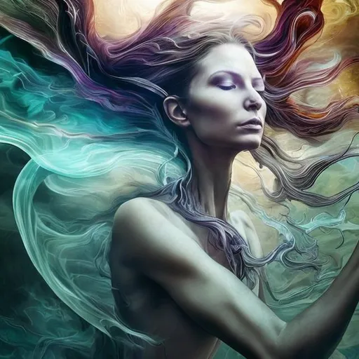 Prompt: spiritual intentions impeded by mental limitations. flowing from smooth balance to chaotic upheaval. Embracing existence for all of its nuances. (stunning woman, realistic, symbol for vitality)