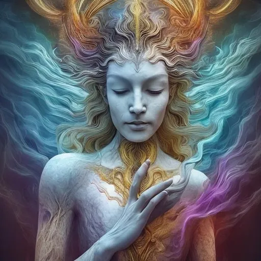 Prompt: spiritual intentions impeded by mental imperfections. flowing from smooth balance to chaotic upheaval. Duality is the key to balance. embracing our weaknesses to be one with ourselves (stunning woman, realistic, symbol for change