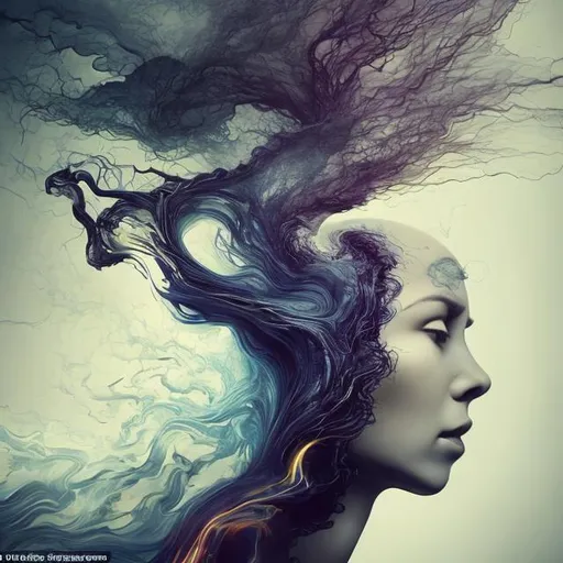 Prompt: spiritual experiences impeded by mental limitations. flowing from smooth balance to chaotic upheaval. Change is the only constant in life(stunning woman, realistic, symbol for change