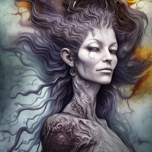 Prompt: spiritual intentions impeded by mental imperfections. flowing from smooth balance to chaotic upheaval. Duality is the key to balance. embracing our inner demons to become one with ourselves (stunning woman, realistic, symbol for change