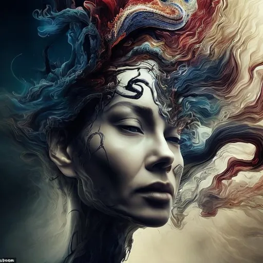 Prompt: spiritual experiences impeded by mental limitations. flowing from smooth balance to chaotic upheaval. Change is the only constant in life(stunning woman, realistic, symbol for change