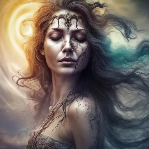 Prompt: spiritual intentions impeded by mental limitations. flowing from smooth balance to chaotic upheaval. Embracing reality and letting go of the lies of the past. (stunning woman, realistic, regal