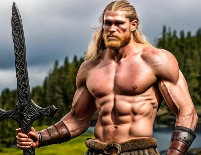 Prompt: Male viking model, muscular. Realistic, heartthrob