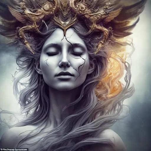 Prompt: spiritual intentions impeded by mental limitations. flowing from smooth balance to chaotic upheaval. Embracing love and letting go of the lies of the past. (stunning woman, realistic, symbol for change