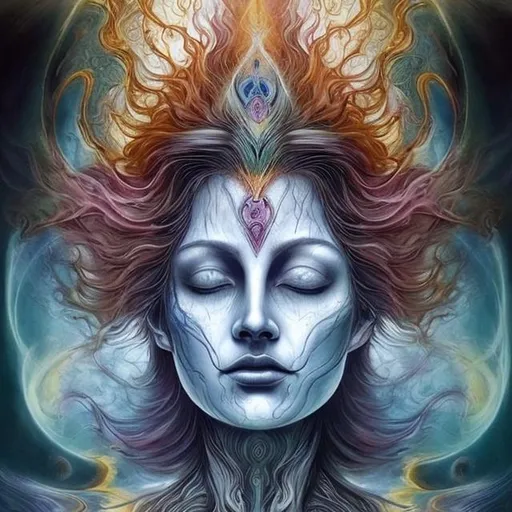Prompt: spiritual intentions impeded by mental imperfections. flowing from smooth balance to chaotic upheaval. Duality is the key to balance. embracing our weaknesses to be one with ourselves (stunning woman, realistic, symbol for change