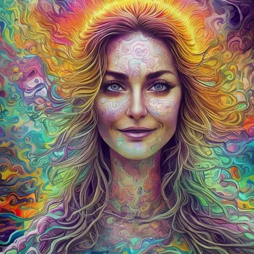 Prompt: Spiritual enlightenment clouded by ADHD patterns spiraling into mania. Blissfully happy though all the crazy (stunning woman realistic)