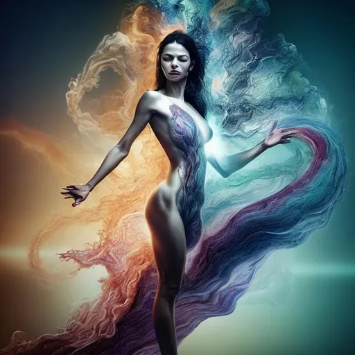 Prompt: spiritual experiences impeded by mental limitations. flowing from smooth balance to chaotic upheaval. Change is the only constant in life(stunning woman, realistic, symbol for change