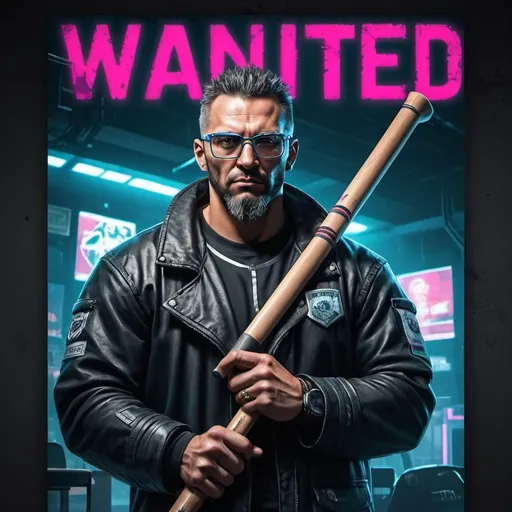 Prompt: Cyberpunk themed wanted poster of a buff pastor with a hockey stick and glasses