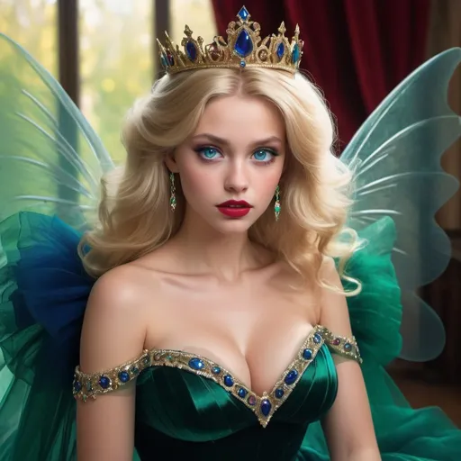 Prompt: Blond princess in sheer emerald green tulle dress, sapphire blue eyes, pouting red velvety lips, voluminous hair, royal tiara, very sheer top,  intense gaze, ultra high def life like, large breats, real,  vibrant colors, soft lighting, detailed gown, professional, highres, fantasy, elegant, irredescent lifelike bigger wings, 