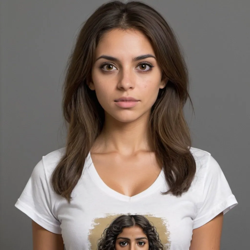 Prompt: Columbian girl voluoptipus intense gaze beautiful very large chest t shirt 