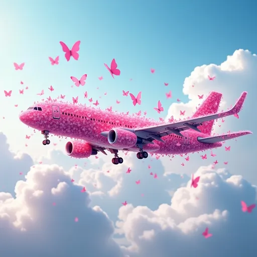 Prompt: (fotomontaje) an airplane composed of pink butterflies, (vibrant colors), dreamy atmosphere, whimsical design, soft lighting, background featuring a bright blue sky and fluffy white clouds, fluttering butterflies in various sizes, enchanting details, surreal blending of nature and machinery, (HD), (highly detailed).