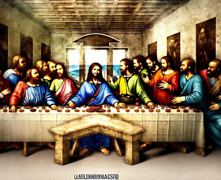 Prompt: Create a graphic design inspired by Leonardo Da Vinci’s The Last Supper