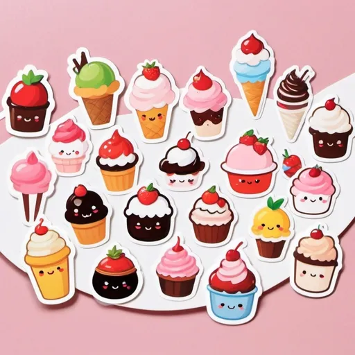 Prompt: die-cut sticker, cute dessert character, 20 pcs different type of dessert