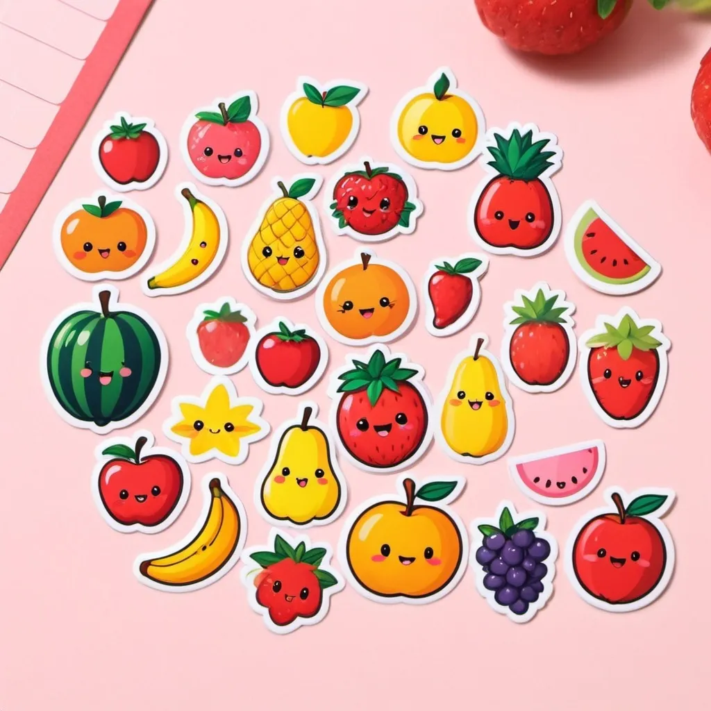 Prompt: die-cut sticker, cute fruit characters, 20 different sticker set