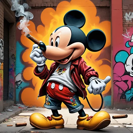 Prompt: High-res Mickey Mouse with cigar, hip hop clothing, gun, detailed animation, vibrant colors, urban graffiti style, sharp lines, professional rendering, intense expression, detailed cigar smoke, hip hop, vibrant, urban, graffiti, detailed clothing, weapon, high quality