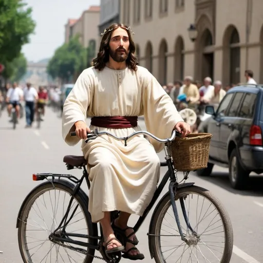 Prompt: Jesus on a bicycles 
