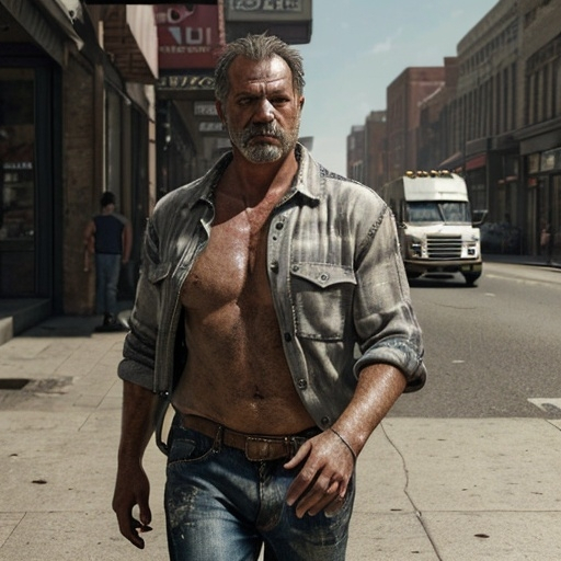 Prompt: (middle-aged truck driver in open shirt), walking down high street, (realistic details), detailed clothing with textures, natural lighting casting soft shadows, (urban setting), onlookers in the background, capturing a candid moment, slightly gritty ambiance, (4K ultra-detailed), evoking a sense of everyday life’s eccentricities.