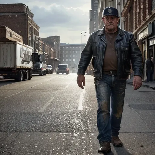 Prompt: (middle-aged truck driver in leather), walking down high street, (realistic details), detailed clothing with textures, natural lighting casting soft shadows, (urban setting), onlookers in the background, capturing a candid moment, slightly gritty ambiance, (4K ultra-detailed), evoking a sense of everyday life’s eccentricities.