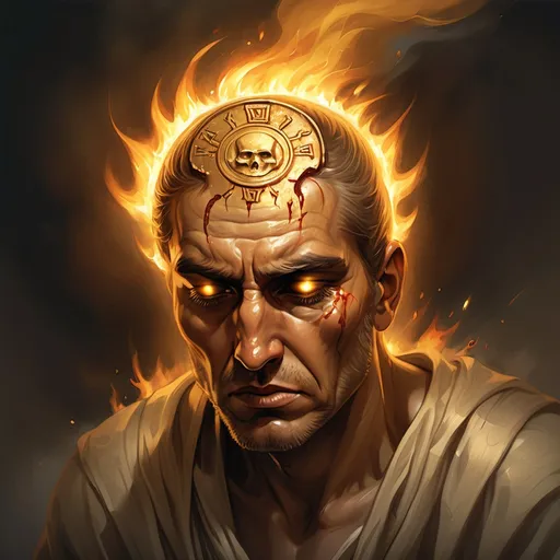 Prompt: Ancient gold coin burning onto forehead, in pain, looking down from above, illustrated, fantasy art, handbrushed