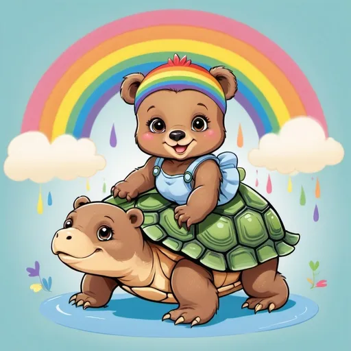 Prompt: For a baby shower, cartoon female baby bear riding a baby turtle with rainbow colors in the background 