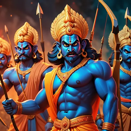 Prompt: Lord Ram aiming arrow at Ravana with 10 heads, detailed traditional illustration, intense and focused gaze, ancient Indian style, vibrant colors, heroic stance, grand epic battle, divine aura, high quality, detailed illustration, traditional art, vibrant colors, epic battle, intense lighting