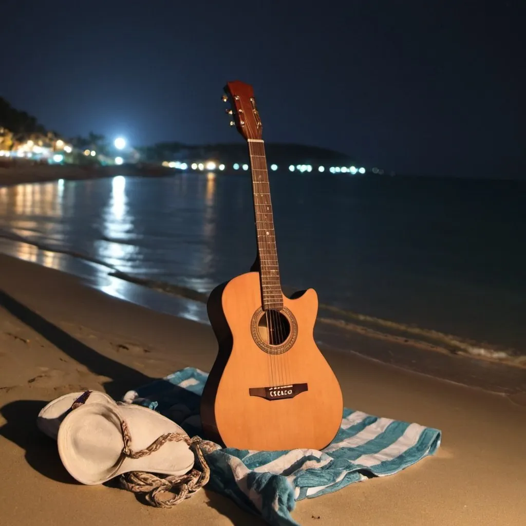 Prompt: guitar on the beach at night relaxing chill