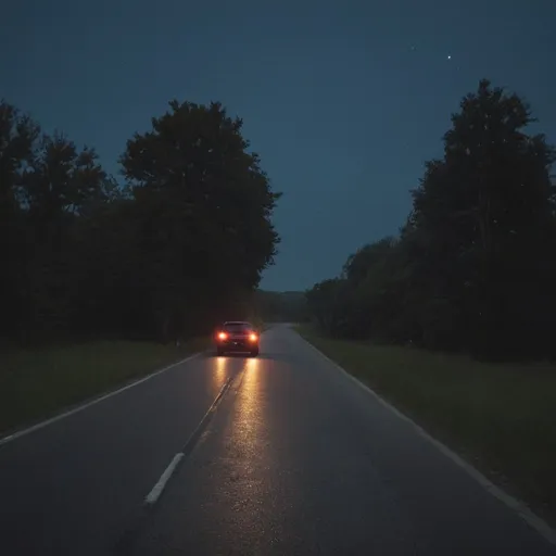 Prompt: A car riding down a country road at night cool calm and chill