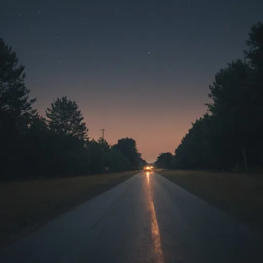 Prompt: A car riding down a country road at night cool calm and chill